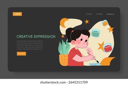 Preschool Education illustration. A child engaged in creative expression through art with paints and colorful elements. This engaging scene supports creativity and skill development in young learners