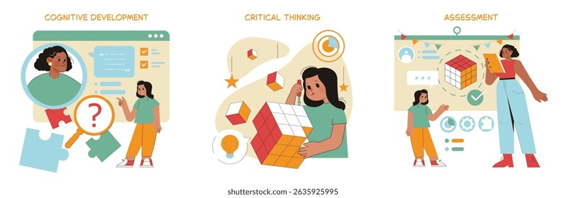 Preschool education illustration focusing on cognitive development, critical thinking, and assessment. It highlights the importance of engaging children in learning processes, enhancing their skills