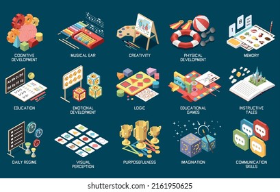 Preschool education isometric set with creativity imagination memory physical development logic music isolated on color background 3d vector illustration