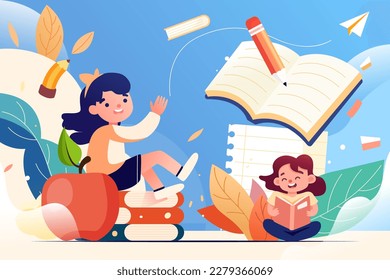 Preschool education for kids with books and pencil stationery in the background, vector illustration