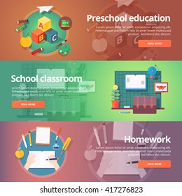 Preschool Education. Kinder Garden. Childhood. School Classroom. Homework Making. Education And Science Banners Set. Vector Design Concept.