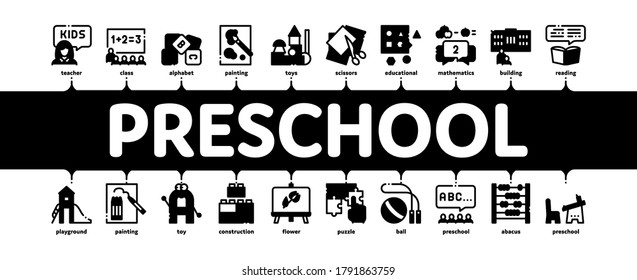 Preschool Education Minimal Infographic Web Banner Vector. Preschool Educational Game And Lessons, Teacher And Kids, Painting And Count Illustration