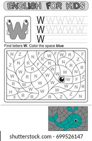 Preschool Education. Puzzle for children.  We study and write capital letters of the English alphabet. Black and white option printable worksheet for kindergarten and preschool. Color by letters. 