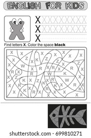 Preschool Education. Puzzle for children. We study and write capital letters of the English alphabet. Black and white option printable worksheet for kindergarten and preschool. Color by letters.