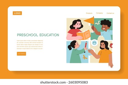 Preschool education scene showcasing children engaged in various learning activities. The illustration highlights collaboration, creativity, and joy in early childhood education through playful