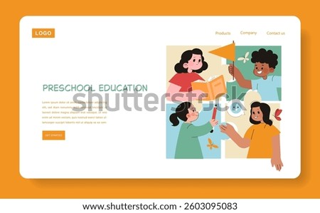 Preschool education scene showcasing children engaged in various learning activities. The illustration highlights collaboration, creativity, and joy in early childhood education through playful