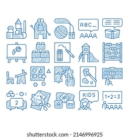 Preschool Education sketch icon vector. Hand drawn blue doodle line art Preschool Educational Game And Lessons, Teacher And Kids, Painting And Count Illustrations