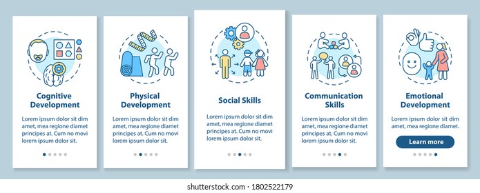 Preschool education tasks onboarding mobile app page screen with concepts. Social skills. Play school. Walkthrough 5 steps graphic instructions. UI vector template with RGB color illustrations