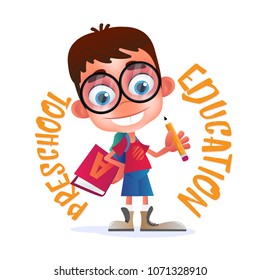 Preschool Education vector illustration isolated on white background. Funny geek or nerdy boy with big glasses and alphabet book holding a pencil. Perfect to use in advertising or web desing