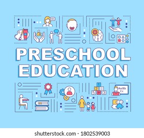 Preschool education word concepts banner. Early childhood. Toddlers growth. Infographics with linear icons on blue background. Isolated typography. Vector outline RGB color illustration