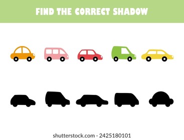 Preschool education workbook page vector illustration. Match the shadows game. Cartoon cars.