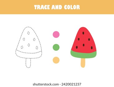 Preschool education worksheet trace and color vector illustration. Coloring page with ice cream for early development.