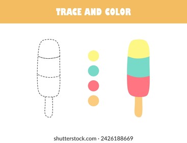 Preschool education worksheet trace and color vector illustration. Coloring page with ice cream for early development.