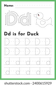 	
Preschool educational alphabet tracing worksheet letter d with duck