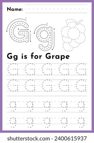 	
Preschool educational alphabet tracing worksheet letter g with grape
