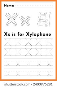 Preschool educational alphabet tracing worksheet letter x with xylophone