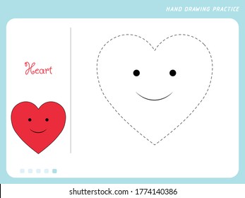 Preschool educational hand drawing app game for kids. Heart hand drawing practice shape. line drawing practice sheet. Shape making practice for kids. Coloring book pages for kids.