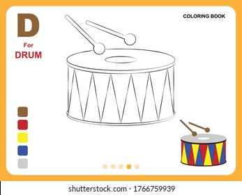 Preschool educational kids painting app game. Color painting practice on drum shape. Illustration of drum for coloring book. Object color filling practice for kids. Coloring book pages for kids.