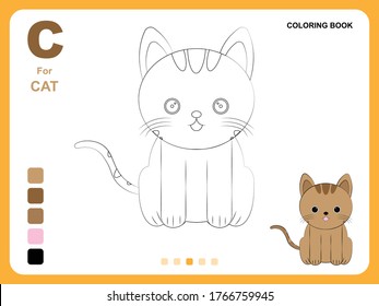 Preschool educational kids painting app game. Color painting practice on cat shape. Illustration of cat for coloring book. Object color filling practice for kids. Coloring book pages for kids.