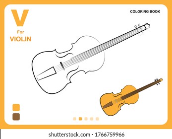 Preschool educational kids painting app game. Color painting practice on violin shape. Illustration of violin for coloring book. Object color filling practice for kids. Coloring book pages for kids.