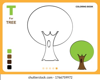 Preschool educational kids painting app game. Color painting practice on tree shape. Illustration of tree for coloring book. Object color filling practice for kids. Coloring book pages for kids.