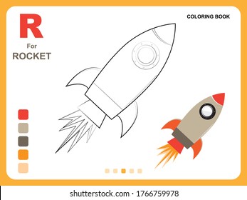 Preschool educational kids painting app game. Color painting practice on rocket shape. Illustration of rocket for coloring book. Object color filling practice for kids. Coloring book pages for kids.