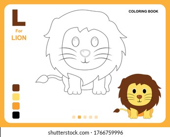 Preschool educational kids painting app game. Color painting practice on lion shape. Illustration of lion for coloring book. Object color filling practice for kids. Coloring book pages for kids.