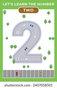 Preschool educational number learning tracing worksheet number 2 two - cars
