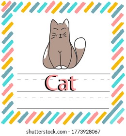 Preschool educational writing card with the word. Write a word. Repeat the writing. Uppercase and Lowercase Tracing alphabets, vector illustration exercise for kids.