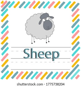 Preschool educational writing card with the word sheep. Write a word. Repeat the writing. Uppercase and Lowercase Tracing alphabets, vector illustration exercise for kids.