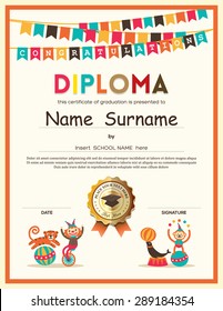 Preschool Elementary school Kids Diploma certificate template with bunting flags background design