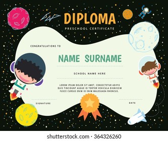 Preschool Elementary school Kids Diploma certificate,The universe kids Theme, Solar system, Planets comparison, Sun and Moon , Galaxies Classification,Kids space learning,Full vector, pluto planet
