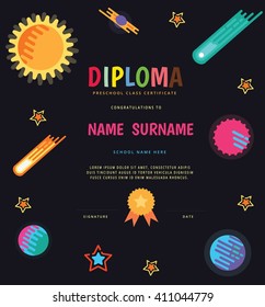 Preschool Elementary school Kids Diploma certificate,The universe kids Theme, Solar system, Planets comparison, Sun and Moon , Galaxies Classification,Kids space learning,Full vector, pluto planet