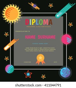 Preschool Elementary school Kids Diploma certificate,The universe kids Theme, Solar system, Planets comparison, Sun and Moon , Galaxies Classification,Kids space learning,Full vector, pluto planet