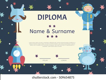 Preschool elementary school kids diploma. Kids certificate or diploma layout. Cartoon space diploma design.