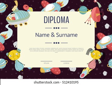 Preschool elementary school kids diploma. Kids certificate or diploma layout. Cartoon space diploma design.