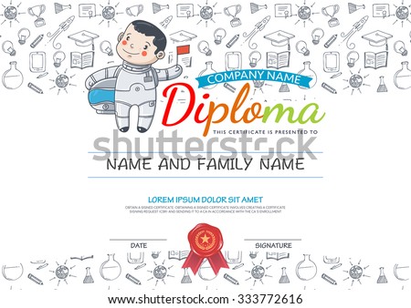 Preschool Elementary school Kids Diploma certificate and hand draw icons education.Vector spaceman.