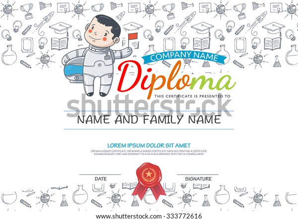 Preschool Elementary school Kids Diploma certificate and hand draw