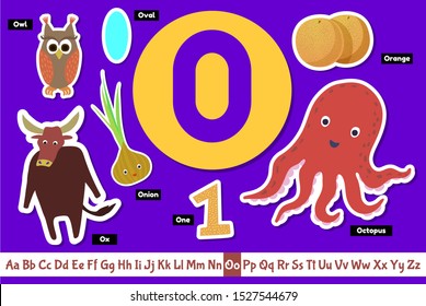 Preschool english alphabet. Educational poster for children. Set adorable animals, fruits vegetables and things with letter O. Play and learn.