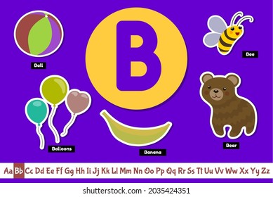 Preschool english alphabet. Educational poster for children. Set adorable animals, fruits vegetables and things with letter B. Play and learn.