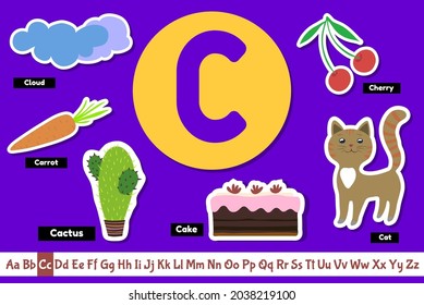 Preschool english alphabet. Educational poster for children. Set adorable animals, fruits vegetables and things with letter C. Play and learn.