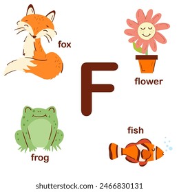 Preschool english alphabet. F letter.  fox, frog, flower, fish. Alphabet design in a colorful style. Educational poster for children. Play and learn.