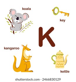 Alfabeto inglés preescolar. K letra. koala, canguro, caldera, llave. Diseño de alfabeto en un estilo colorido. Afiche educativo para niños. Juega y aprende.