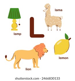 Englisches Alphabet für Vorschulkinder. L-Buchstabe. Lama, Lama, Lampe, Löwe, Zitrone. Alphabet-Design in einem bunten Stil. Lehrplakat für Kinder. Spielen und lernen.