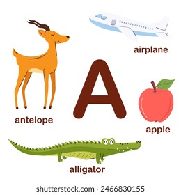 Englisches Alphabet für Vorschulkinder. L-Buchstabe. Lama, Lama, Lampe, Löwe, Zitrone. Alphabet-Design in einem bunten Stil. Lehrplakat für Kinder. Spielen und lernen.