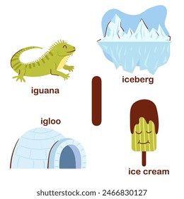 Preschool english alphabet. I letter.  iguana, igloo, iceberg, ice, cream. Alphabet design in a colorful style. Educational poster for children. Play and learn.