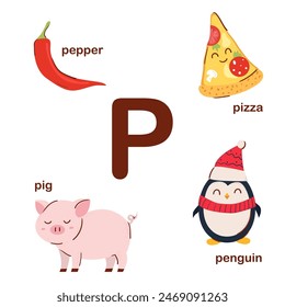 Preschool english alphabet. P letter. Penguin, pig, pizza, pepper . Alphabet design in a colorful style. Educational poster for children. Play and learn.