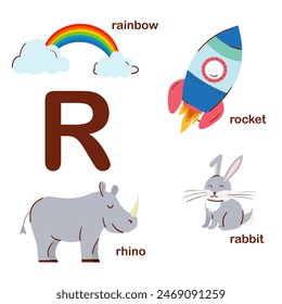 Preschool english alphabet. R letter.  Rabbit, rhino, rocket, rainbow. Alphabet design in a colorful style. Educational poster for children. Play and learn.