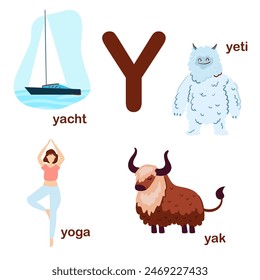 Preschool english alphabet. Y letter.  Yeti, yoga,yacht, yak. Alphabet design in a colorful style. Educational poster for children. Play and learn.