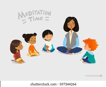 Preschool female teacher and smiling kids sitting in circle on floor and doing yoga exercise. Meditation lesson in kindergarten concept. Vector illustration for banner, website, poster, postcard.